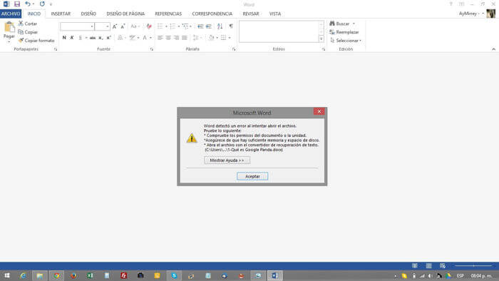 word detecto un error al tratar de abrir el archivo