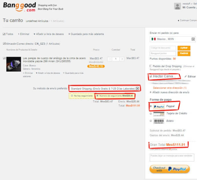 proceso de compra y envío a méxico banggood