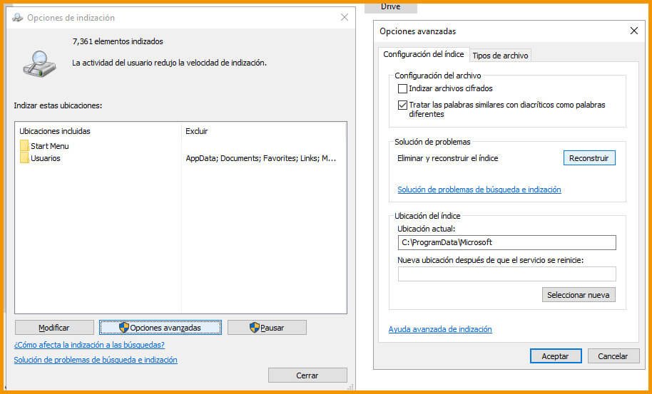 opciones de indizacion windows